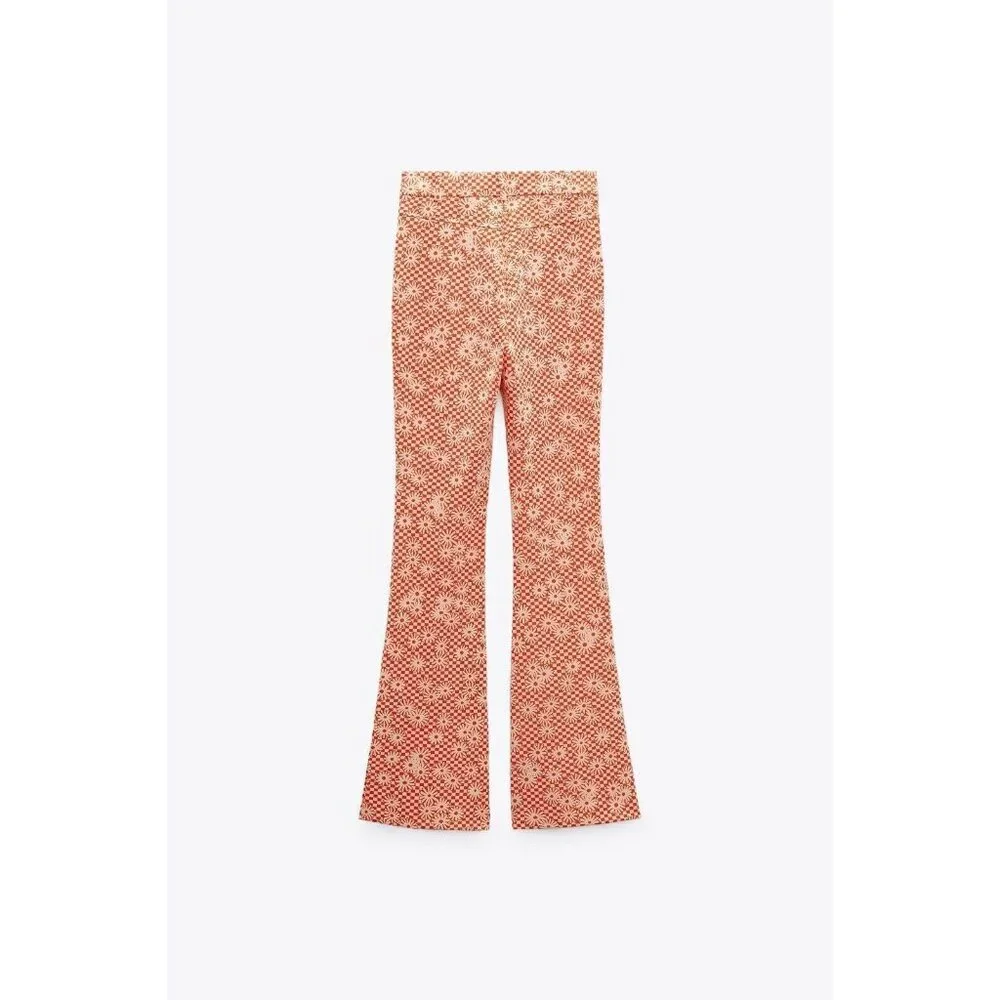 NEW ZARA Orange Daisy Print Flare Bottom Pants Size S Boho Hippie 70s Peace - Picture 3 of 7
